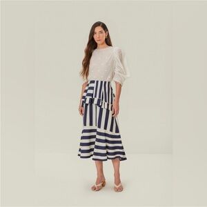 Farm Rio: Blue Mixed Stripes Midi Skirt